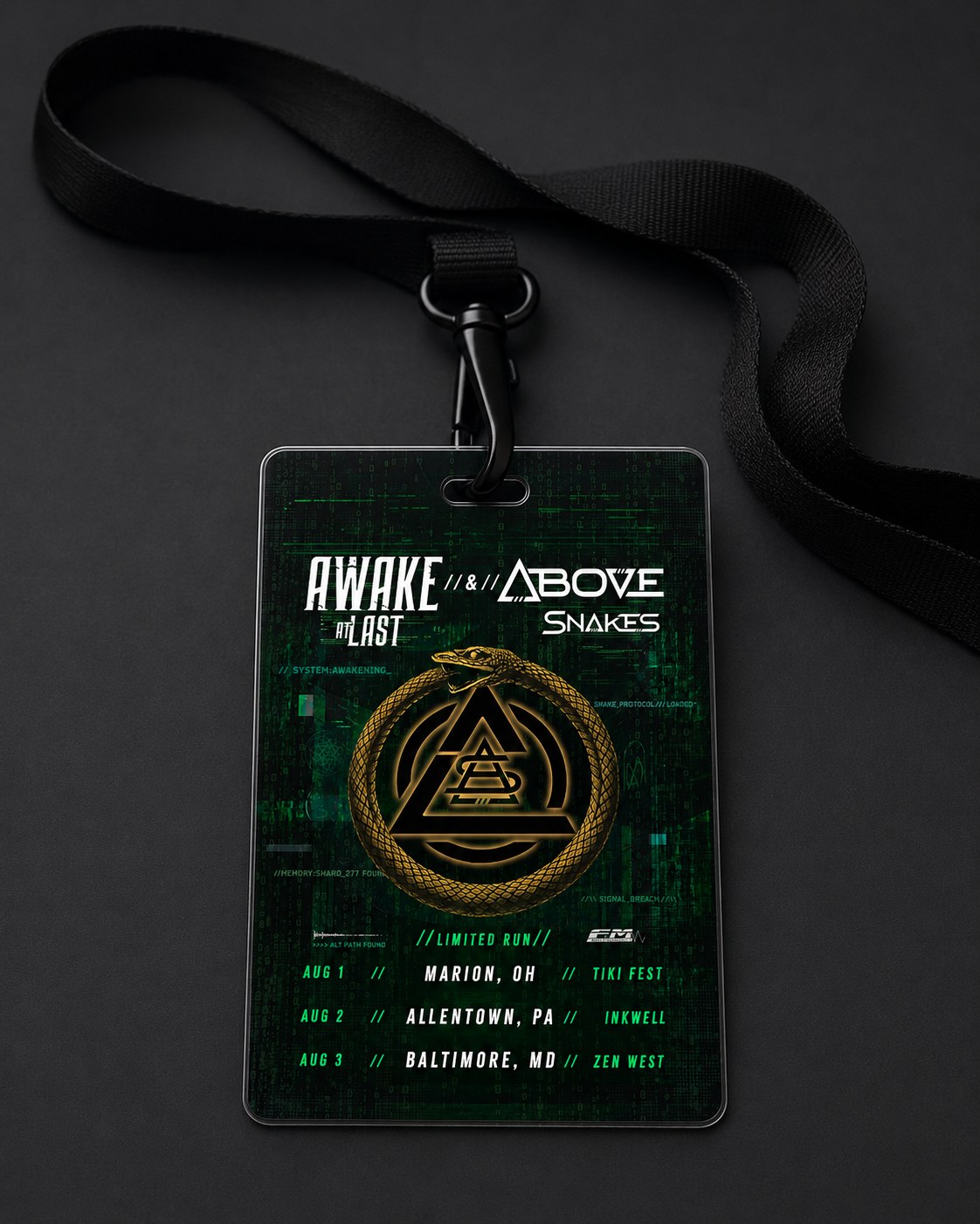 Awake At Last and Above Snakes shared tour lanyard with ouroboros crest and tour dates