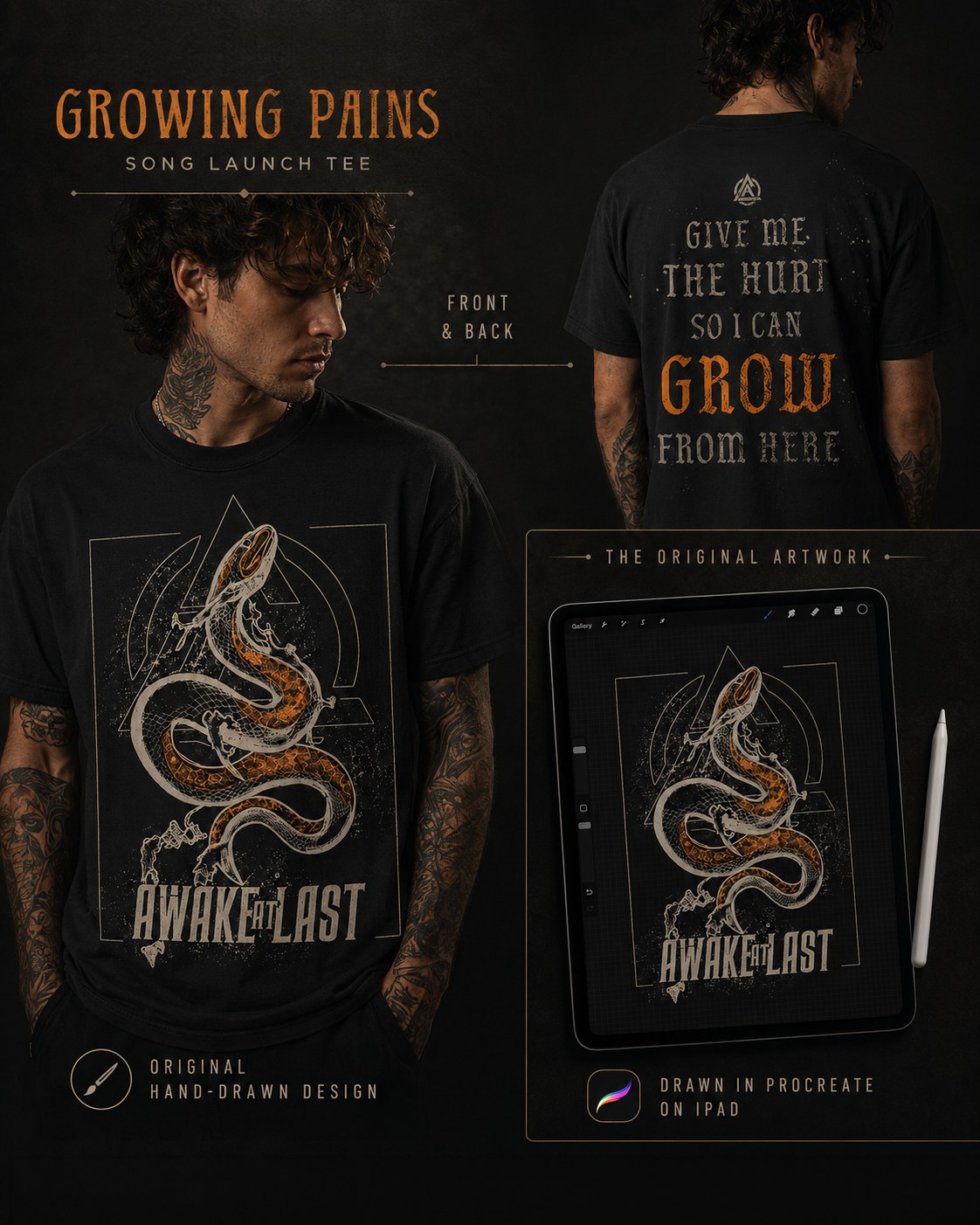 Growing Pains launch tee with hand drawn serpent front and lyric typography back