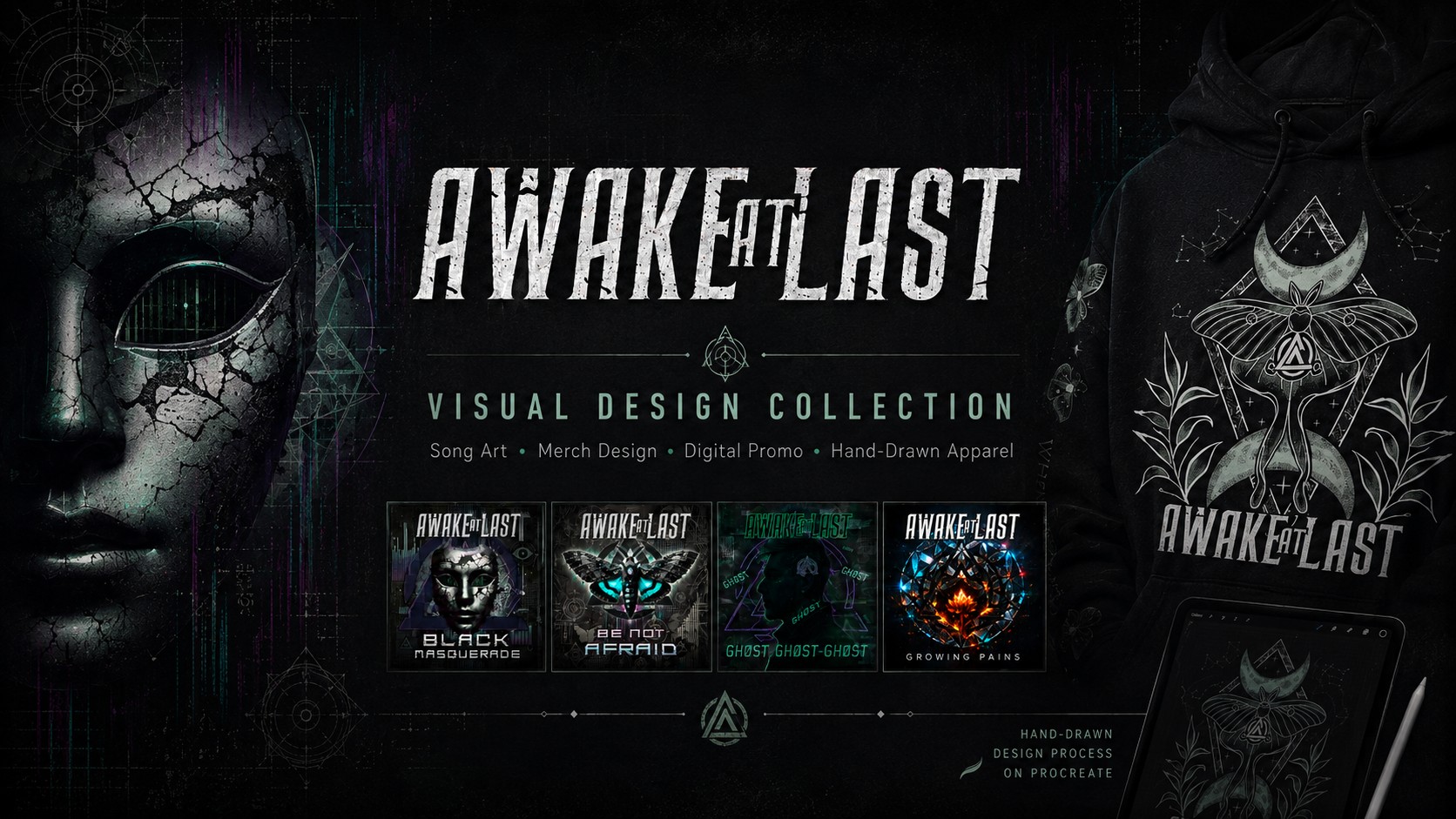 Awake At Last visual design collection: song art, merch design, digital promo, and hand drawn apparel