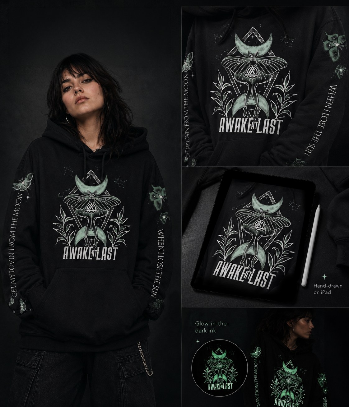 Be Not Afraid hoodie with moth and moon illustration, sleeve lyrics, and glow in the dark ink