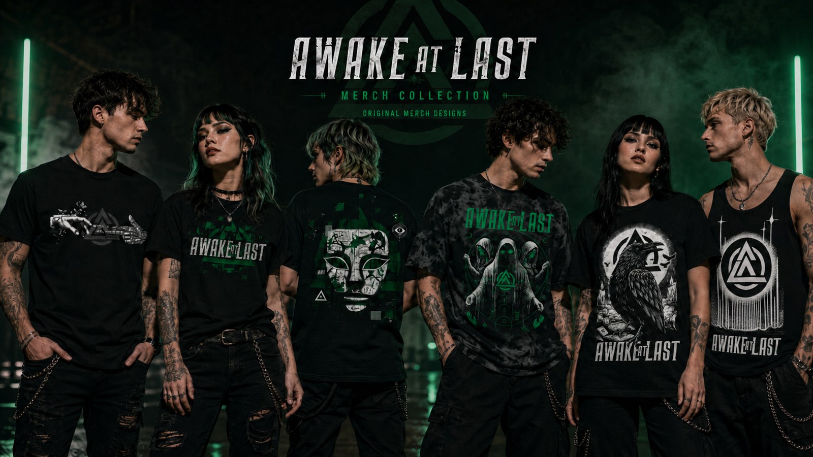 The Awake At Last merch collection shown on models, not band members