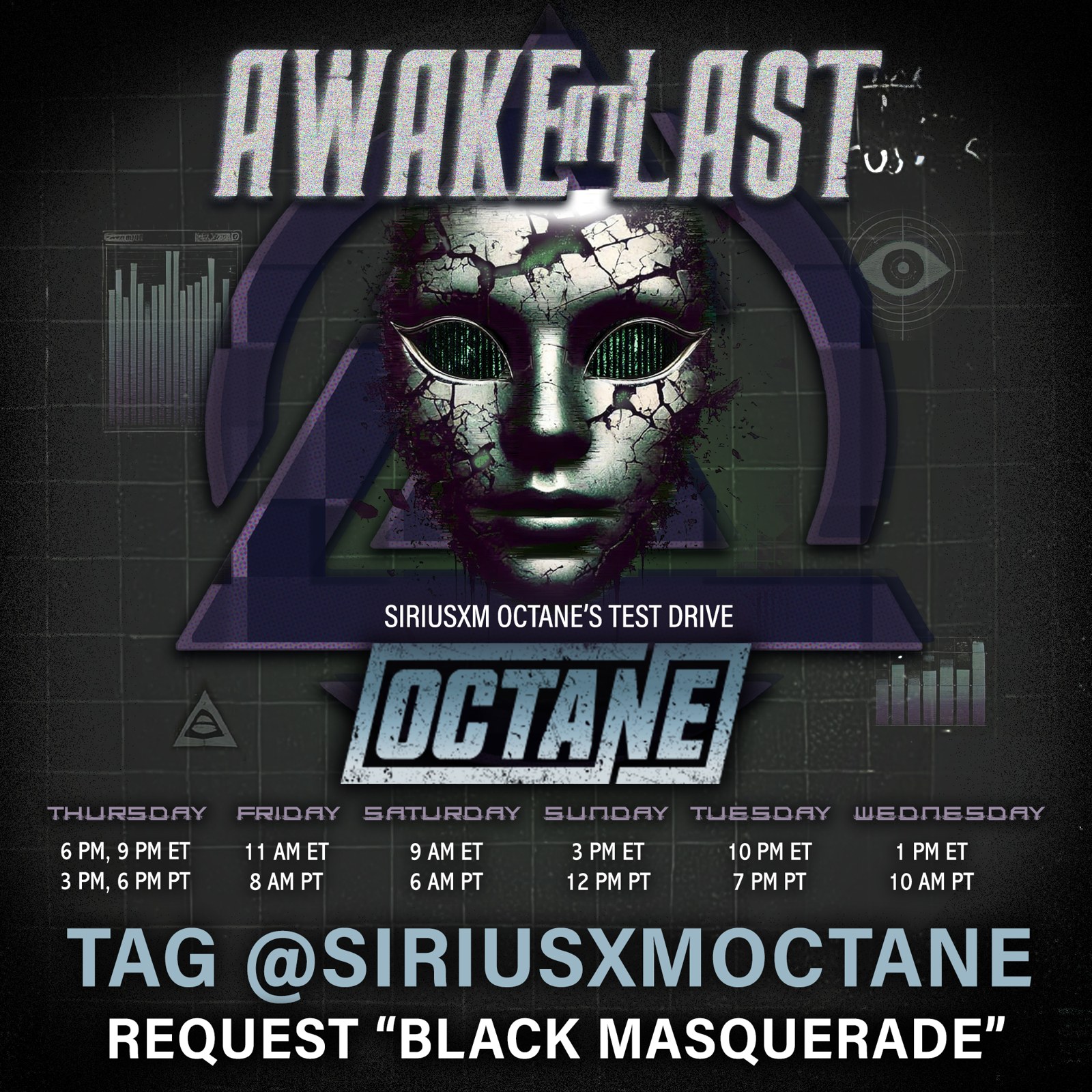 SiriusXM Octane Test Drive announcement for Black Masquerade with weekly play schedule