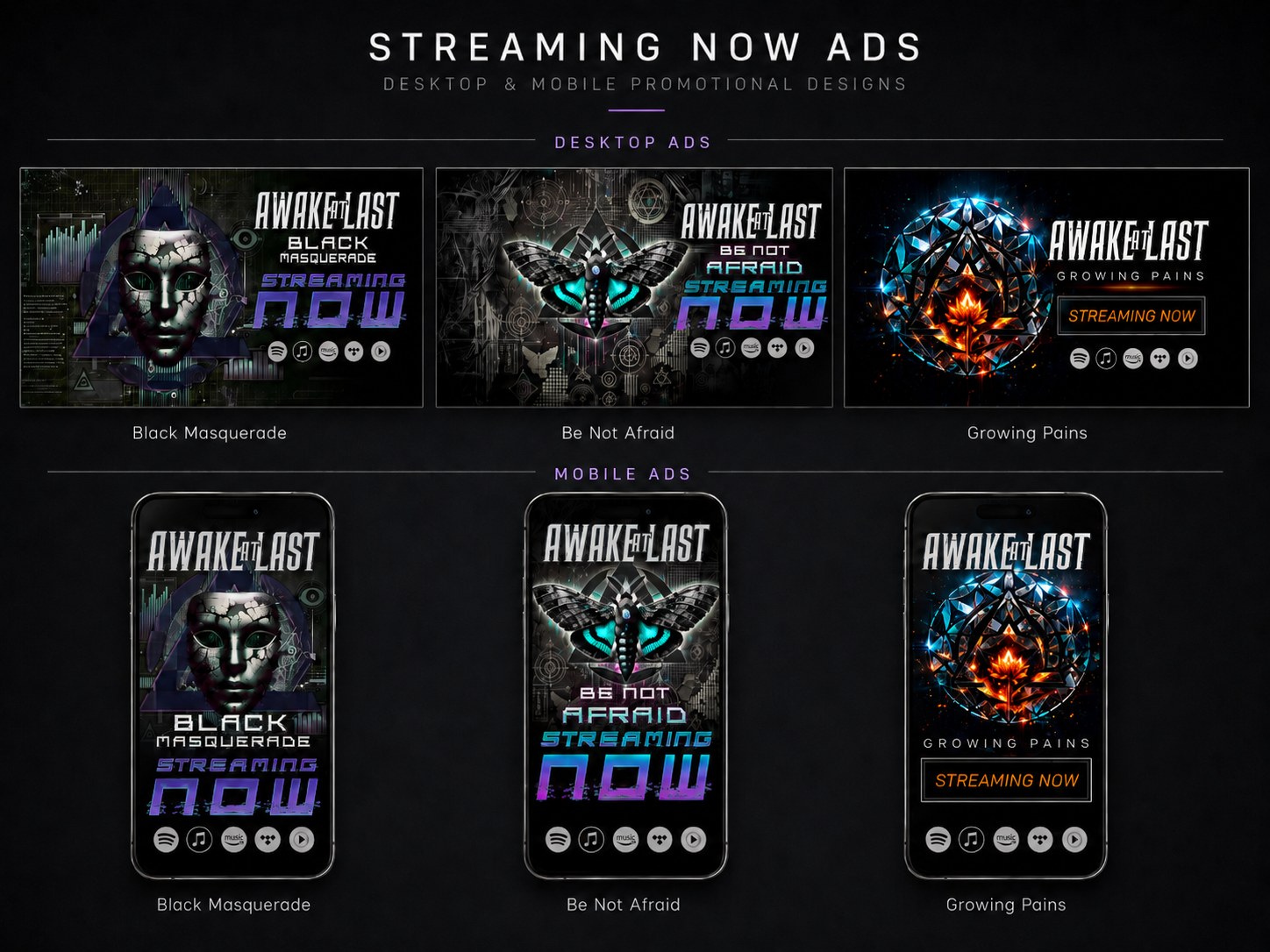 Streaming Now ad system across desktop and mobile for Black Masquerade, Be Not Afraid, and Growing Pains