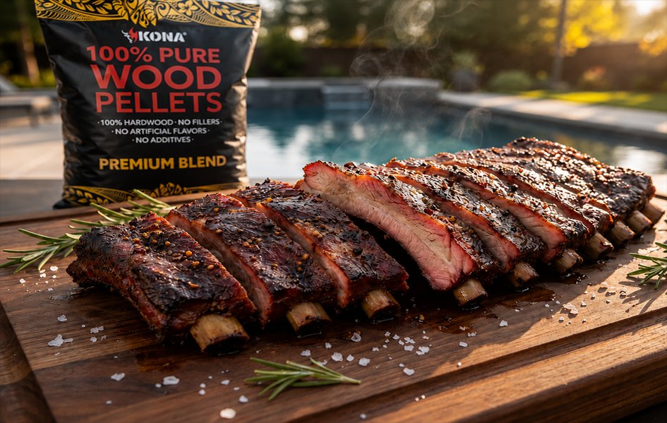 Kona BBQ ribs and wood pellets