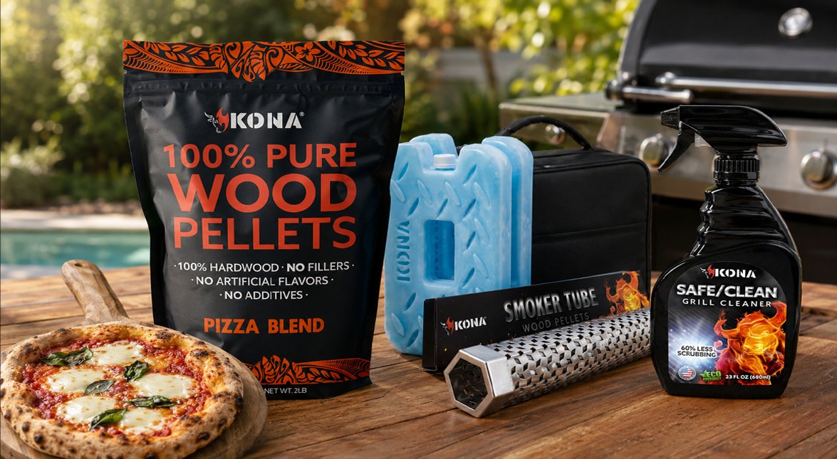 Kona product range: wood pellets, ice pack, and food