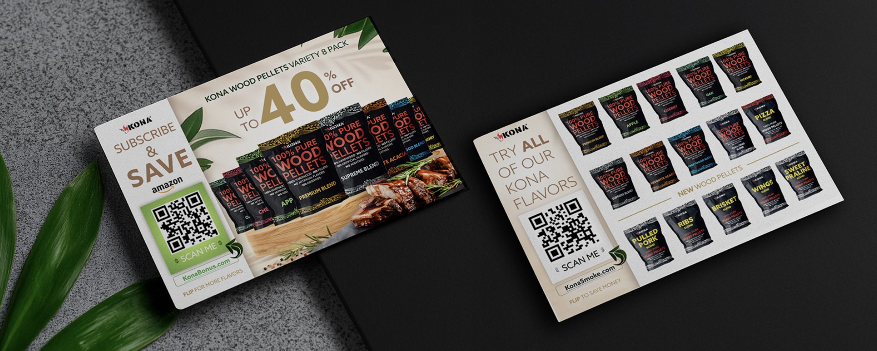 KONA Amazon subscribe-and-save postcards with QR codes and flavor variety promos