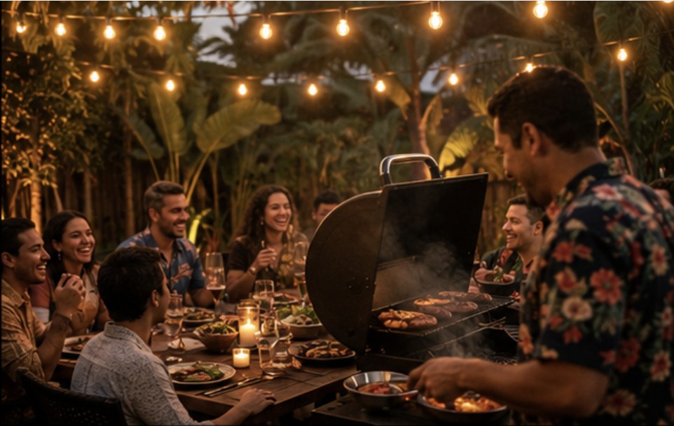 KONA backyard gathering under string lights, grill smoking, tropical setting