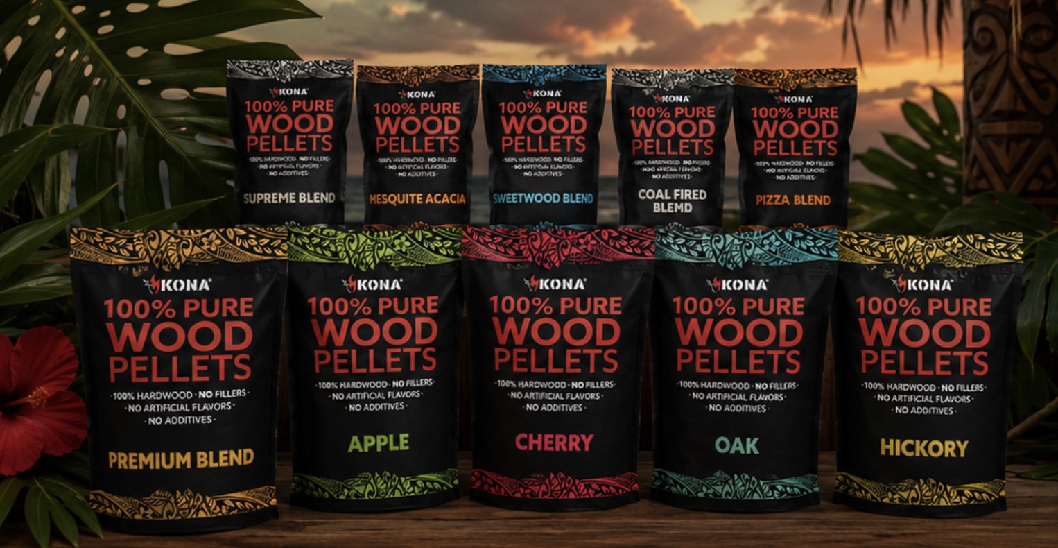 KONA wood pellet family lineup: ten flavor SKUs showing the packaging system, flavor color palette, and hand drawn tribal print