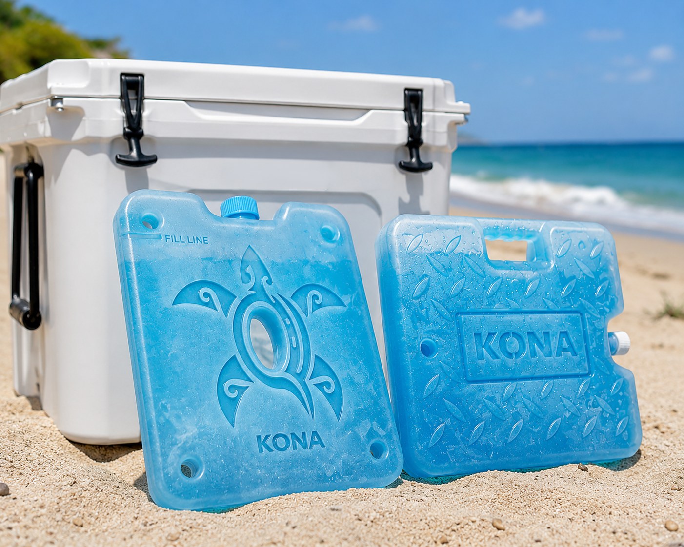 KONA ice pack with custom molded turtle tribal graphic on the beach