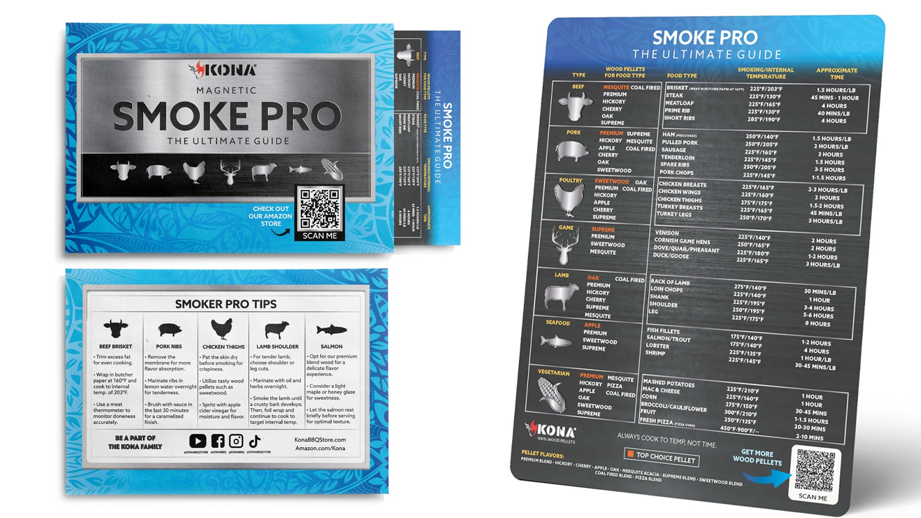 Full Smoke Pro magnet line: front card, back tips card, and full chart