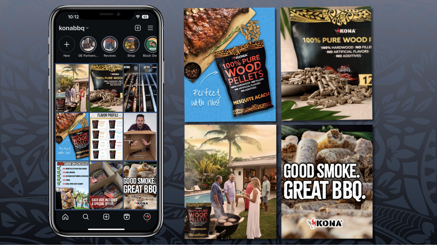 KONA Instagram content system: phone mockup plus individual posts